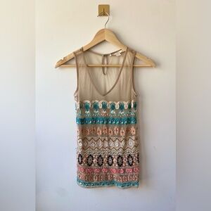 Boston Proper |‎ XS Cream Mesh Beaded Embellished Tank Top